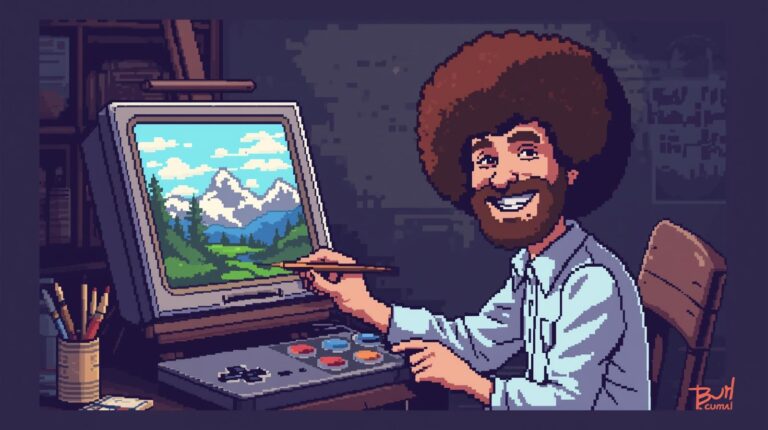 pixel art image of bob ross making art in a game console