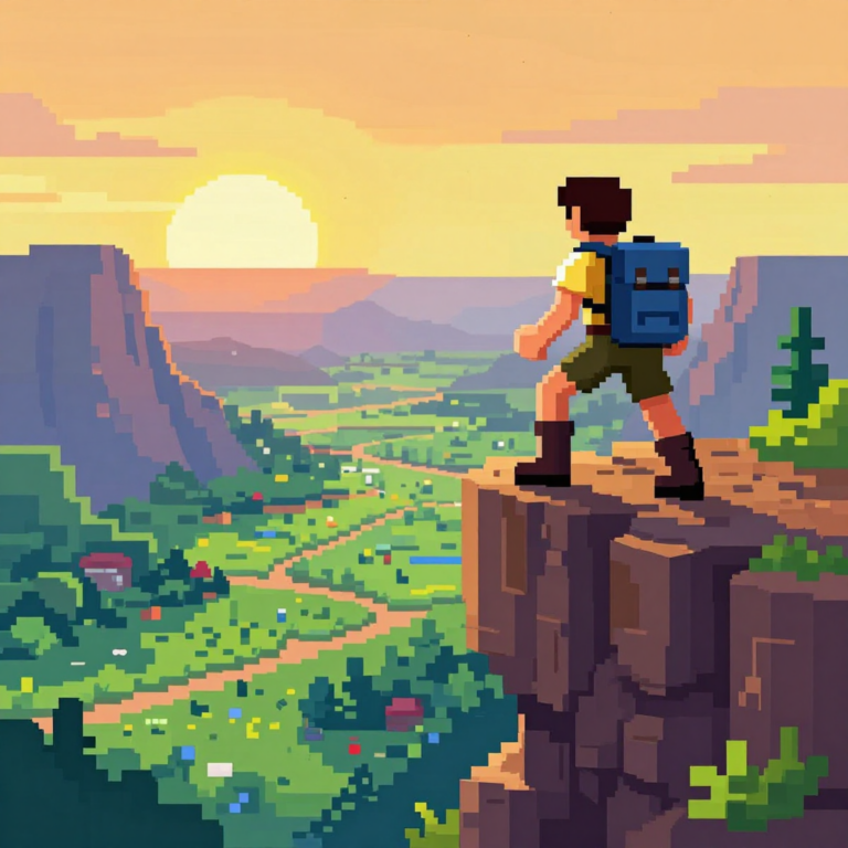 A hero looking at a valley over a ledge, pixel art, adventurous scene, dramatic perspective